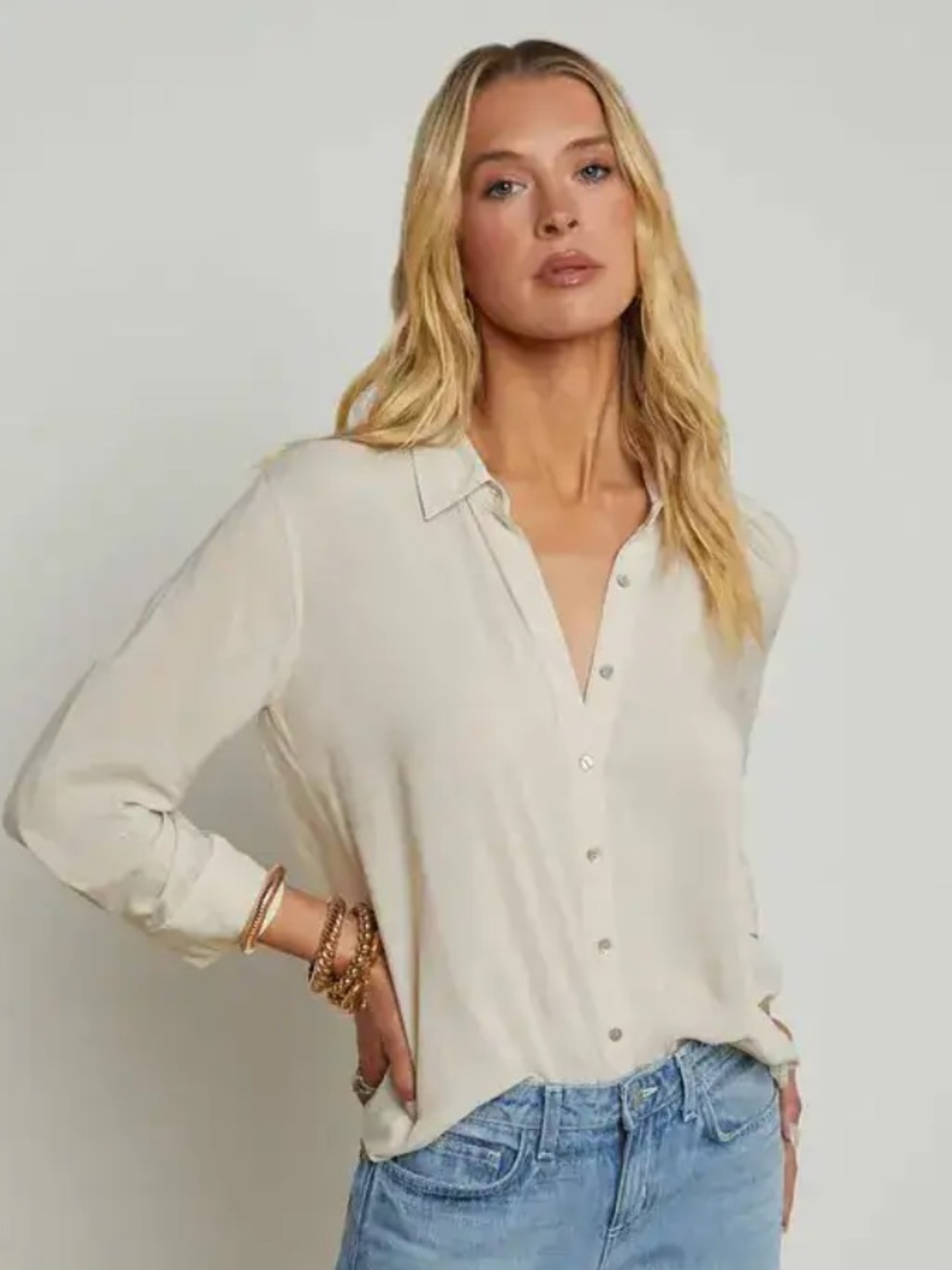 L'AGENCE Marlene Viscose Blouse 3/4 Sleeve Shirt Khaki Tan size S